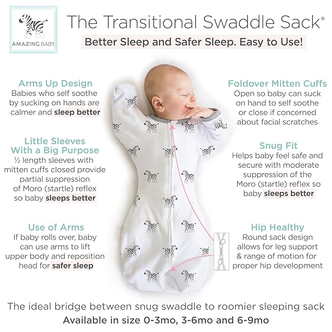 Amazing Baby Transitional Swaddle Sack, Arms Up Half-Length Sleeves & Mitten Cuffs, Swaddle for Newborn Transition to Baby Sleep Sack Wearable Blanket, Large, 6-9 Month, 21-24 lb, Little Zebra