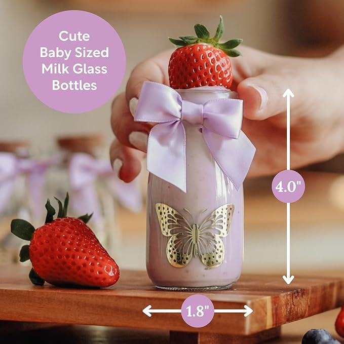 Ethisa Vintage 12 Pack Butterfly Party Favor Glass Bottles with Ribbons and Stickers - Classy Baby Shower and Birthday Favors for Guests and Table Centerpieces Decorations - Purple Theme Candy Jar