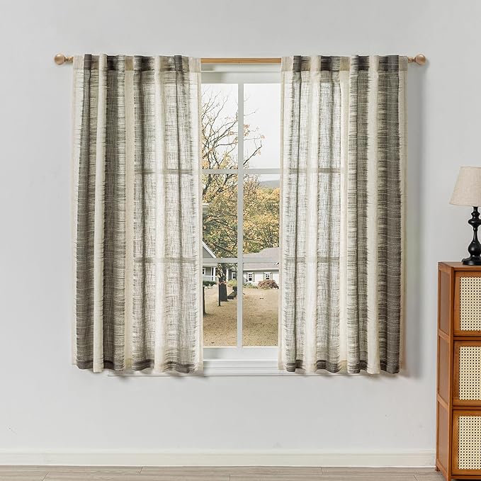 MYSKY HOME Bedroom Curtains Linen Textured Sheer Panels, Curtains 63 Inch Length Light Filtering Lines Back Tab Semi Sheer Window Treatment Farmhouse Style Drapes for Bedroom, 50"x63", Khaki, 2 PCs