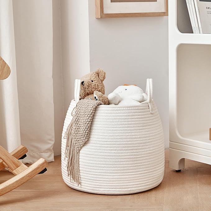 Nursery Laundry Basket | Kids Hamper for Blankets, Pillows,Toys (15"x 13")| Baby Toy Basket | Nursery Storage for Boho Room Decor | Ideal Gift for Baby Showers| White
