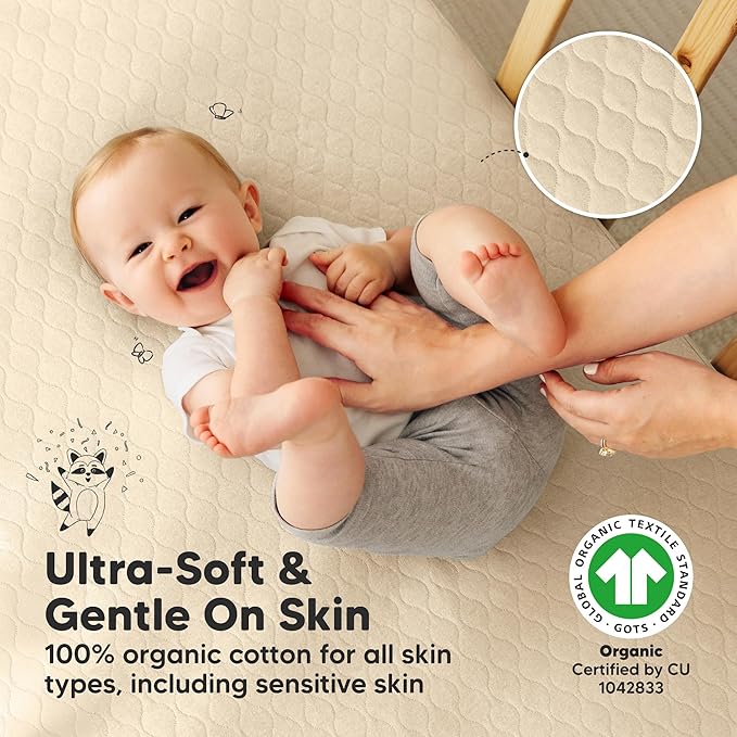 2-Pack Waterproof Crib Mattress Protector Cover Fitted - Quiet Baby Crib Mattress Pad Sheets, 52" x 28" Soft Quilted Cotton Baby Sheet, Machine Washable, Easy Fit, Durable (Khaki/Mavy)