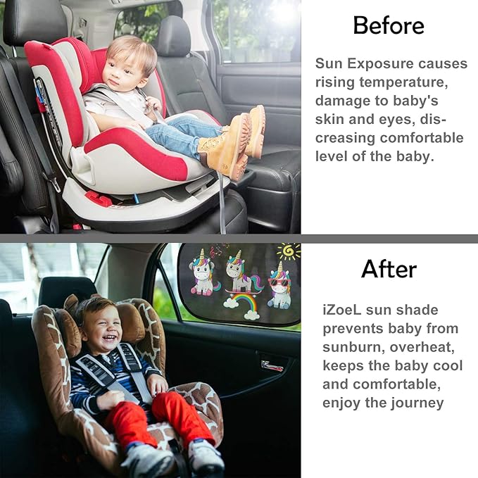 Car Sun Shade for Baby Kids 2 Pack Static Cling Side Window Car 80GSM Rear Sunshades Universal with 8 Suction Cups and Storage Bag - Sun Glare and UV Rays Protection (Unicorn)