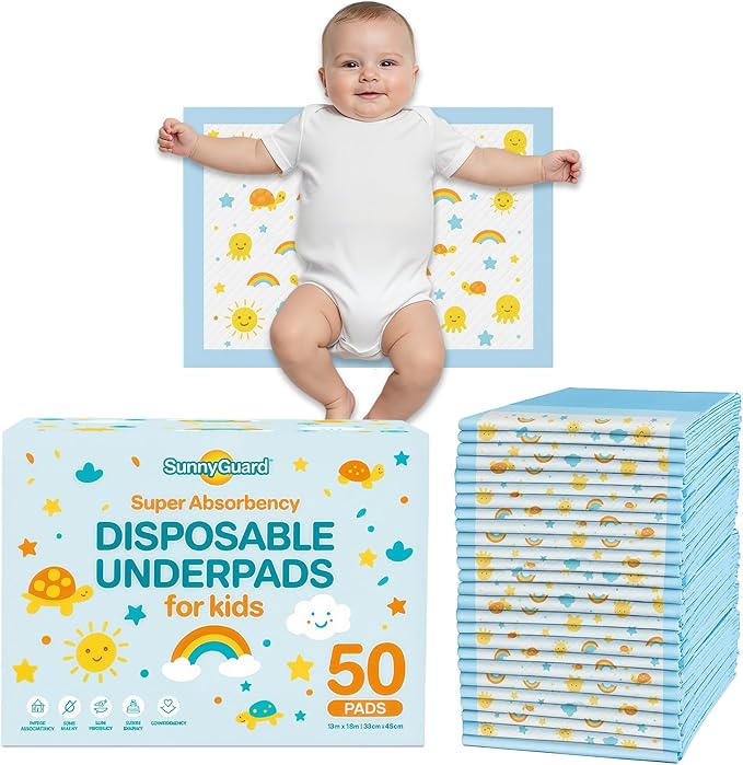 SunnyGuard Disposable Changing Pads for Baby 13 x 18 Inches, 50 Diaper Changing Pad with Unique Design & 6 Layers of Protection for Nursery Use, Travel Changes & Pee Pad Protection, 33 x 46 CM