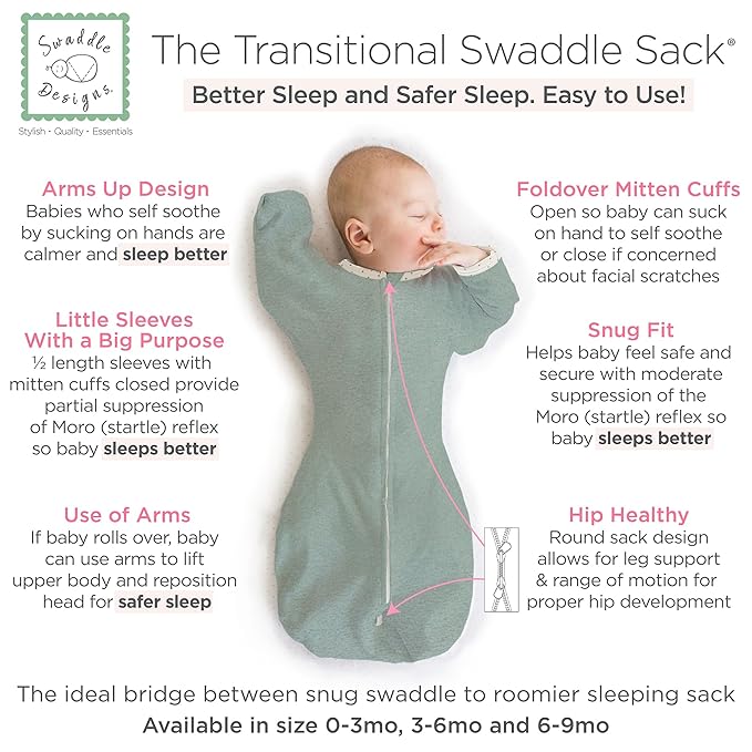 SwaddleDesigns Transitional Swaddle Sack, Arms Up Half-Length Sleeves & Mitten Cuffs, Swaddle for Newborn Transition to Baby Sleep Sack Wearable Blanket, Small, 0-3 Month, 6-14 lb, Heathered Jadeite