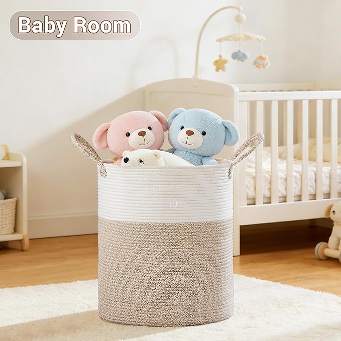Tall Laundry Basket with Handles, 88L Portable Dirty Clothes Hamper, Boho Cotton Rope Storage Bin for Blankets Kids Toys Gifts, Large Organizer for Baby Nursery Bedroom Bathroom, New Brown