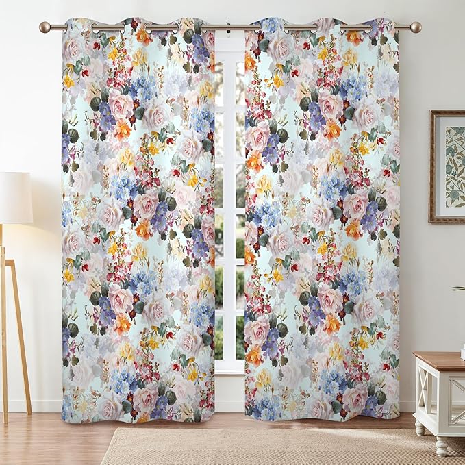 Renaiss Rustic Flower Window Curtains Watercolor Florals Painted for Living Room Decor Thermal Insulated Blackout Curtains for Bedroom Window Treatment & Drapes Grommet 42W x 84L Inch 2 Panel Set
