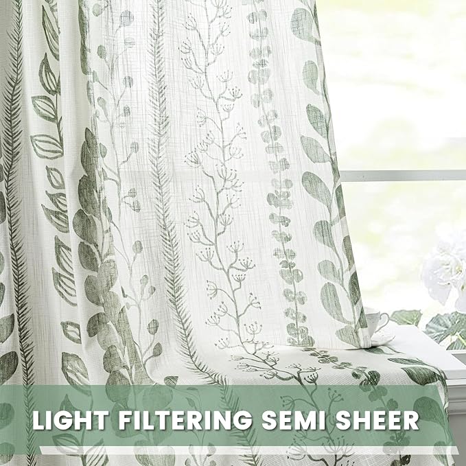MEETSKY Sage Green Curtains 108 Inches Long 2 Panels Boho Curtains for Living Room Light Filtering Patterned Drapes for Bedroom Linen Style Back Tab Leaf Print Window Treatment, 50” Wide Each Panel