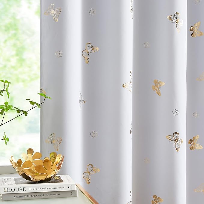Jubilantex Gold Butterfly Blackout Curtains on Greyish White with Black Layer,Thermal Insulated Window Curtains for Bedroom Girls Room,52x63,2 Panels