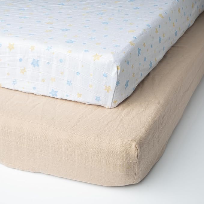 Salt Earth 100% Organic Cotton Muslin Standard Fitted Crib Sheet, 52"x28", 2 Pack Soft Breathable Natural Cotton Sheets Baby Mattress Bed Sheets, No Slip Neutral Baby Crib Sheet (Beige & Blue Star)