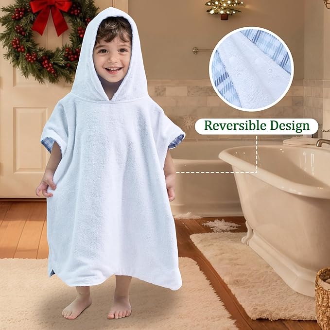 VOOVA & MOVAS Double-Layered Baby Hooded Towel Poncho (2-4 Years, 20x21 Inches) | Ultra Soft & Absorbent Cotton | Thick Toddler Bath Towel for Swimming, Beach, Shower & Winter,Blue Check