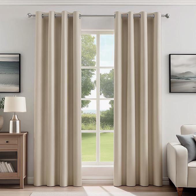 FMFUNCTEX 100% Blackout Curtains for Bedroom, Khaki Curtains 90 Inches Long Textured Thermal Insulated Curtains for Living Room Drapes, Black Out Drapery Grommet Room Darkening 2 Panels