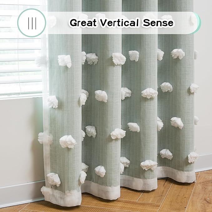 MYSKY HOME 90 Inches Long Aqua Curtains for Living Room Nursery Curtains for Bedroom Double Layer Curtains White Pom Pom Sheer Curtains for Dining Room Grommet Room Darkening Window Panels W52 X L90