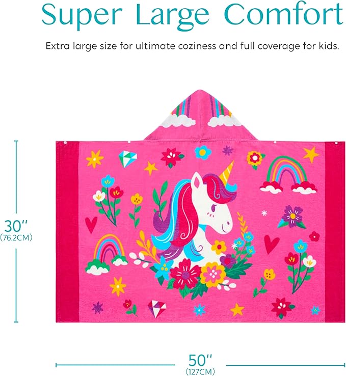 Joiedomi Hooded Towels for Kids Pink Unicorn Soft 100% Cotton Kids Beach Towel 30" x 50" for 3-10 Years Boys Girls Beach Hooded Poncho Absorbent Pool Toddler Swim Bath Wrap