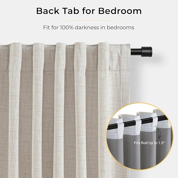 INOVADAY 100% Blackout Curtains for Bedroom, Black Out Curtains 120 Inch Long, Clip Rings Linen Blackout Drapes, Thermal Insulated Room Darkening for Living Room, 2 Panels - Beige,W50xL120