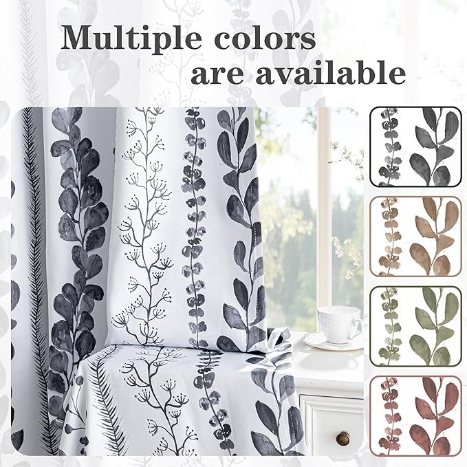 MEETSKY Boho Blackout Leaves Patterned Curtains 95 Inch Long 2 Panels Set for Bedroom, Room Darkening Dark Grey Drapes for Living Room, Thermal Insulated Rod Pocket Back Tab Window Treatment, 50"Wide