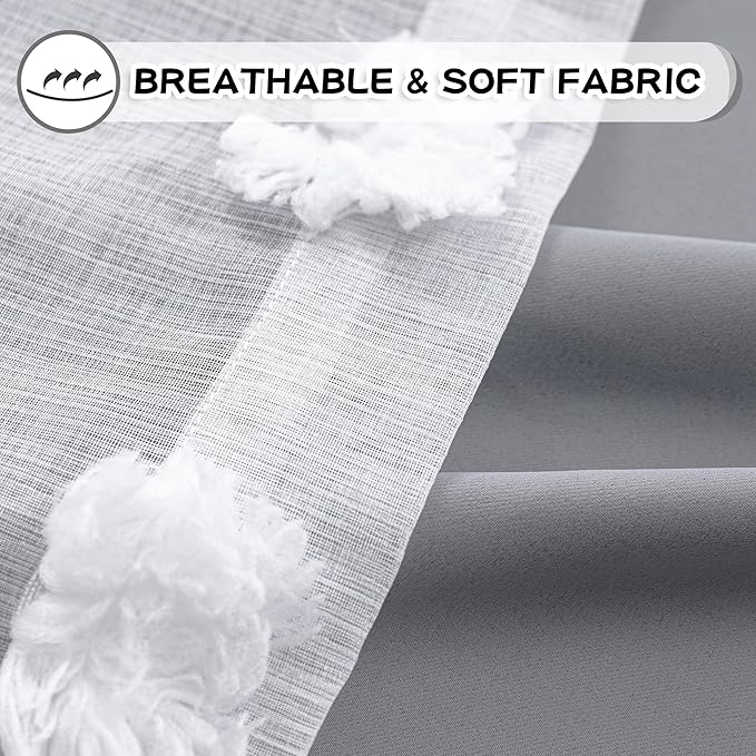 MYSKY HOME Grey Curtains for Bedroom 63 Inch Long Curtains for Kids Room Double Layer Nursery Curtains White Pom Pom Sheer Dining Room Grommet Room Darkening Window Curtains 2 Panels Set, 52 x 63 in