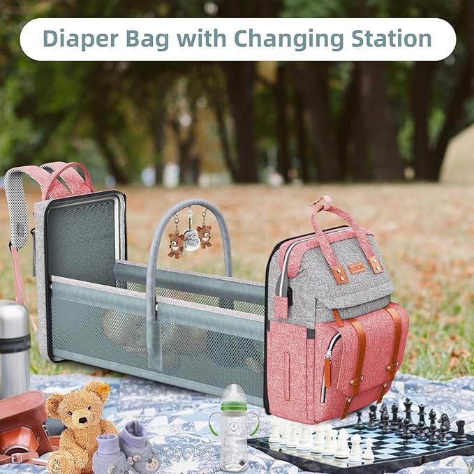 Diaper Bag Backpack with Changing Station, Large Diaper Bag, Baby Bag with Changing Station, Pink Diaper Bag, Pinkgray