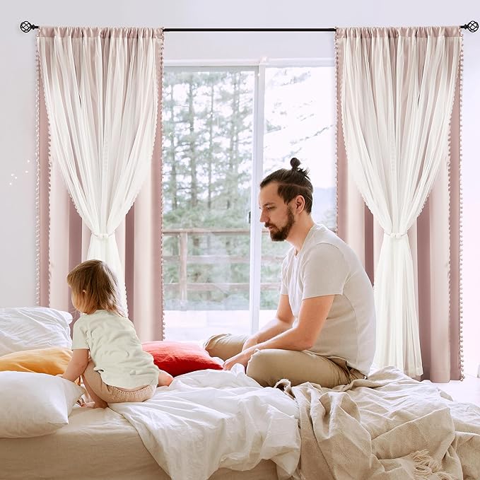 Pink Blackout Curtains with Sheer Overlay for Bedroom, Mix & Match Double Layer Pom Pom Curtains for Girl Nursery, Living Room, Rod Pocket Thermal Insulated Window Panels with Tiebacks 52W X 84L, 2pcs