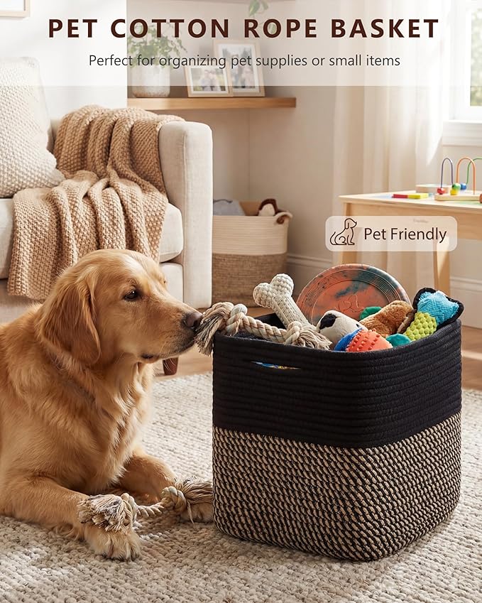 Cube Storage Bin 11" x 10.5" x 10.5" Cotton Rope Basket Square Woven Storage Basket for Shelves, Closet Organizer, Soft Towel Sock Basket, Black/Brown, 3 Pack