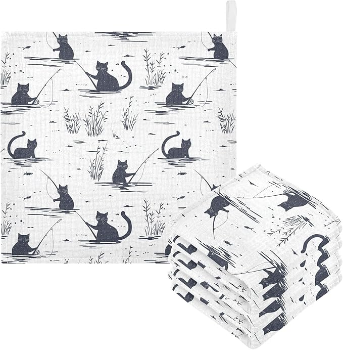 vvfelixl Cat Fishing Baby Burp Cloths Baby Muslin Washcloths for Boys Girls Cotton Babys Face Towel for Newborn Infants Soft and Absorbent 11.8 X 11.8 in, 5 Pack