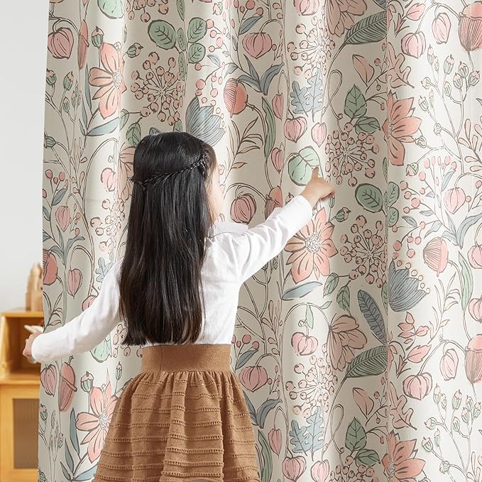 Vangao Pink Nursery Curtains for Girls Room Easter Floral 100% Blackout Curtains 63 Inch Length Farmhouse Drapes for Bedroom Room Darkening Flower Patterned Window Treatment for Kids Set of 2