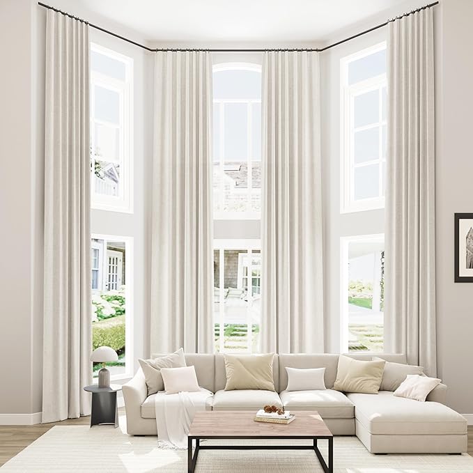 Guken 100% Blackout Cream Linen Curtains 52 Inch Wide by 142 Inch 2 Panels Set for Living Room Bedroom Back Tab Thermal Insulated Black Out Linen Drapes Room Darkening Window Curtains