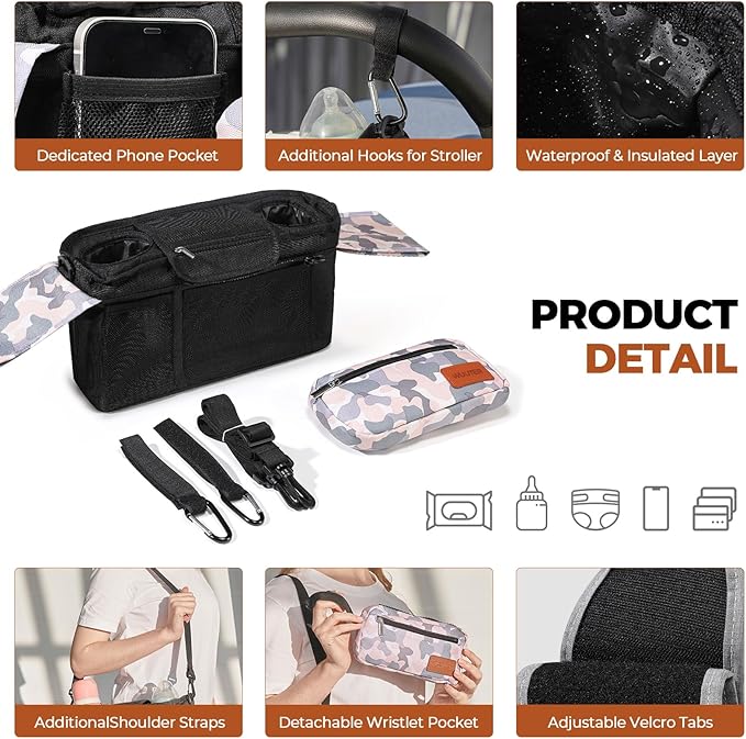Stroller Organizer with Cup Holder Detachable Wristlet Large Capacity Baby Stroller Bag for Mom, Fits Uppababy, Baby Jogger, Britax, BOB, More (Multicolor)