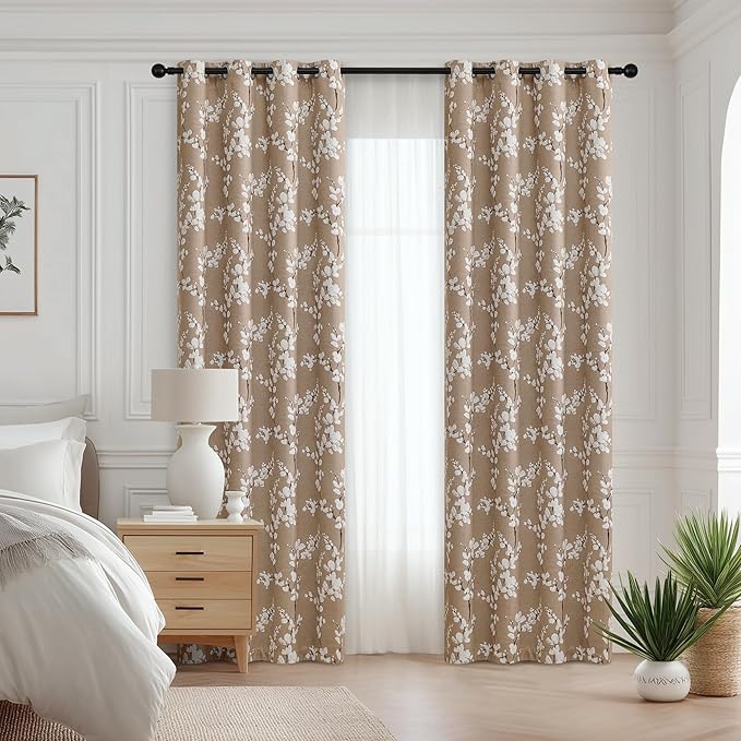 FMFUNCTEX 100% Blackout Floral Curtains for Bedroom, Taupe Curtains 63 inch Length Blossom Flower Patterned for Living Room, Thermal Insulated Farmhouse Drapes, Grommet Top 2 Panels (White on Tan)