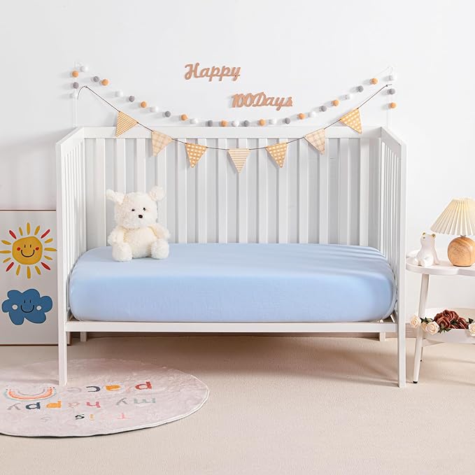 NTBAY 2 Pack Muslin Cotton Mini Crib Sheets, Soft and Breathable Double Layer 24x38 Baby Crib Sheets for Mini Crib and Toddler Mattresses, Boys, Girls, Unisex, Aqua, 24x38 Inches