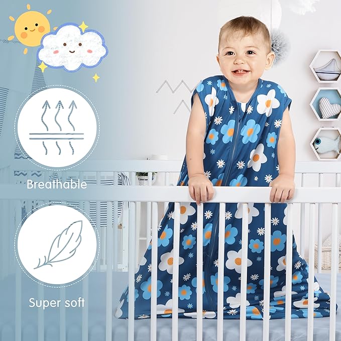 BSTOPPT 3 Pack Baby Sleep Sack 100% Rayon Cotton Baby Sleeping Bag 2-Way Zipper Toddler Wearable Blankets TOG 0.3. (Gerbera&Tulips&Pink, 6-12 Months)