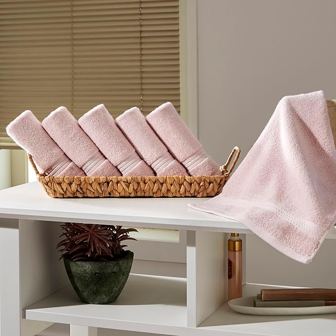 Ozdilek 6-Piece Washcloth Set 13x13 100% Turkish Cotton, 600 GSM, Soft, Gentle on Sensitive Skin, Multi-Purpose Use, Washable, Reusable, Ideal for Baby Care & Spa 6 Towels (Mauve Pink)