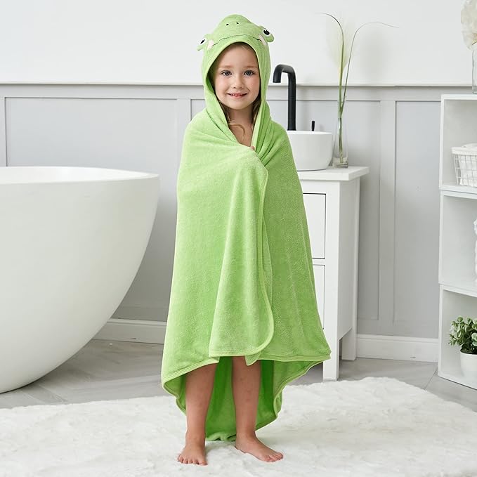HIPHOP PANDA Hooded Towel - Rayon Made from Bamboo, Bath Towel with Bear Ears for Newborn, Babie, Toddler, Infant - Absorbent Large Baby Towel - Frog, 37.5 x 37.5 Inch