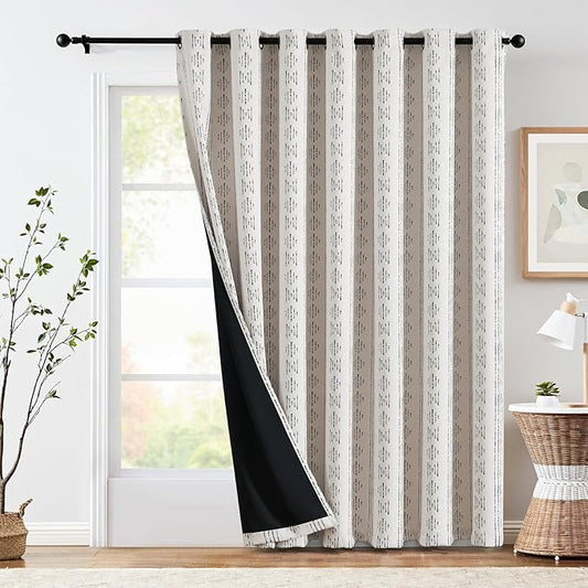 jinchan 95% Blackout Boho Curtain 84 Inches Long for Bedroom 1 Panel Extra Wide Printed Curtain Black on Beige Geometric Grommet Top Thermal Insulated Window Drape