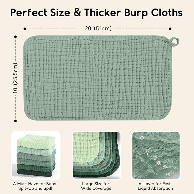 Unnivoll Muslin Burp Cloths for Baby 100% Cotton Burping Cloths for Boys Girls Large 20''X10'' Extra Soft and Absorbent 12 Pack - Gradient Green
