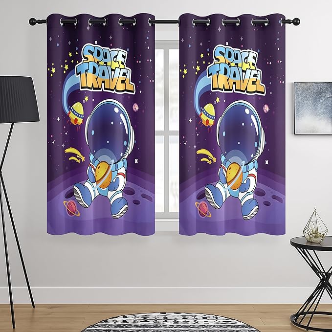 Kids Space Astronaut Blackout Curtains - 100% Blackout, Thermal Insulated, Noise Reducing, Perfect for Kids Room and Nursery, 2 Panels (Space Travel Astronaut, W52×L63)