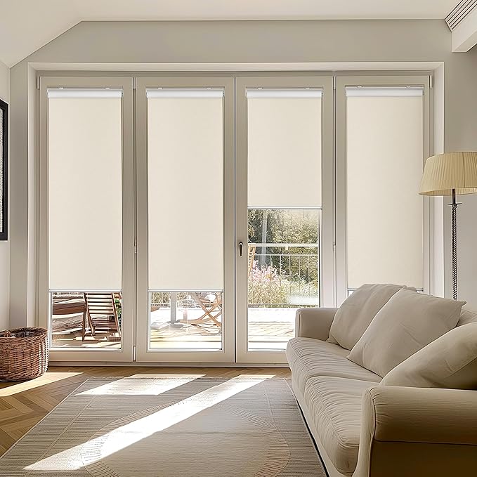 ChrisDowa Cordless 100% Blackout Roller Shade, with Striped Jacquard, Thermal Insulated, UV Protection Fabric, Total Blackout Blinds for Window, French Doors, Home and Office. Beige, 49" W x 72" H