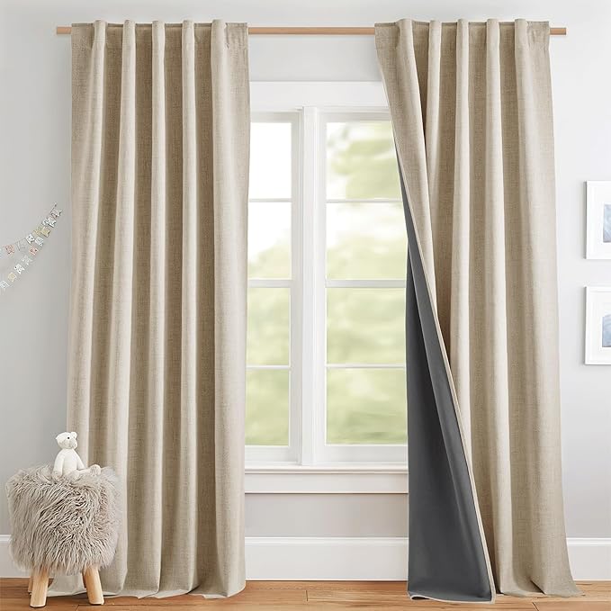 NICETOWN Cream Full Blackout Back Tab Linen Curtains 84" Long 2 Panels Set, Boho-Chic Thick Linen Blend Drapes, Insulated Window Cover Draperies with White Backing for Cottage Living Room (42" Wide)