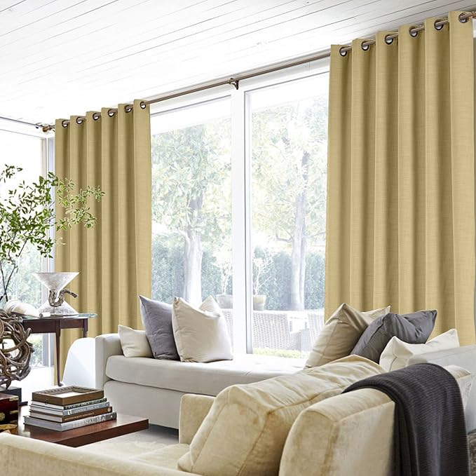 ChadMade 120W x 102L Inch Khaki Yellow Linen Polyester Curtain Drapes with Blackout Lining, Room Darkening Antique Bronze Grommet Curtain for Sliding Glass Door Patio Door Living Room (1 Panel)