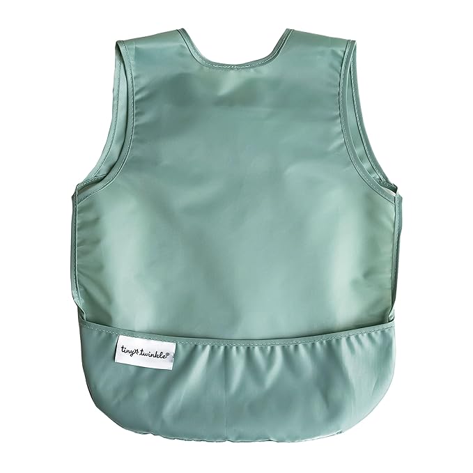 Tiny Twinkle Mess Proof Baby Bibs | 2 Pack Waterproof Toddler Bib for Eating | Baby Apron for Feeding, Machine Washable, Perfect Shower Gift (Sage Charcoal, 6–24M)