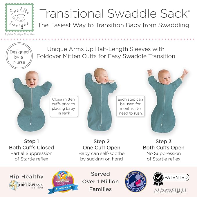 SwaddleDesigns Transitional Swaddle Sack, Arms Up Half-Length Sleeves & Mitten Cuffs, Swaddle for Newborn Transition to Baby Sleep Sack Wearable Blanket, Small, 0-3 Month, 6-14 lb, Heathered Teal