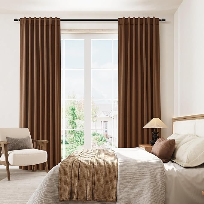 Guken 100% Blackout Linen Curtains 102 Inch Length 2 Panels Set for Living Room Bedroom Back Tab Thermal Insulated Black Out Drapes Room Darkening Window Curtains,Caramel Brown