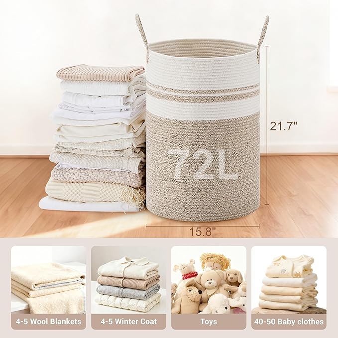 Tall Laundry Basket with Handles, 72L Portable Dirty Clothes Hamper, Boho Cotton Rope Storage Bin for Blankets Kids Toys Gifts, Large Organizer for Baby Nursery Bedroom Bathroom, New Brown