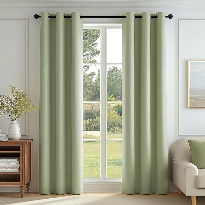 FMFUNCTEX 100% Blackout Curtains for Bedroom, Green Curtains 63 Inches Long Textured Thermal Insulated Curtains for Living Room Drapes, Black Out Drapery Grommet Room Darkening 2 Panels, 40" W x 72" L