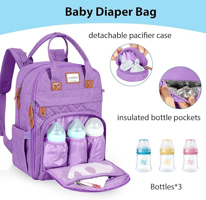 LANDICI Diaper Bag Backpack, Multifunction Baby Diaper Bags with Changing Pad, Stroller Straps & Pacifier Case, Travel Essentials Back Pack for Mom Dad Boy Girl, Large Capacity, Waterproof, Lavender