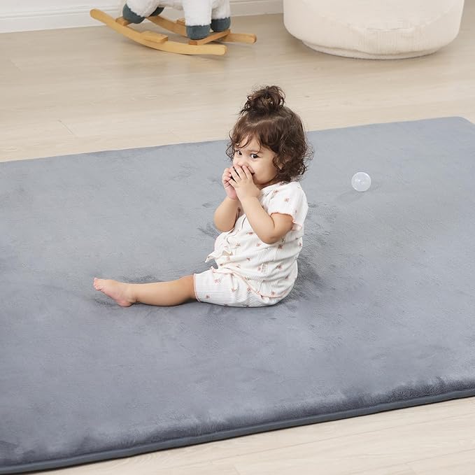 1.3" Thick Baby Floor Play Mat 39x59, Basic Padded Foam Mat for Tummy Time Crawling, Non Slip Cushioned for Babies Toddlers Infants Kids (Light Grey)