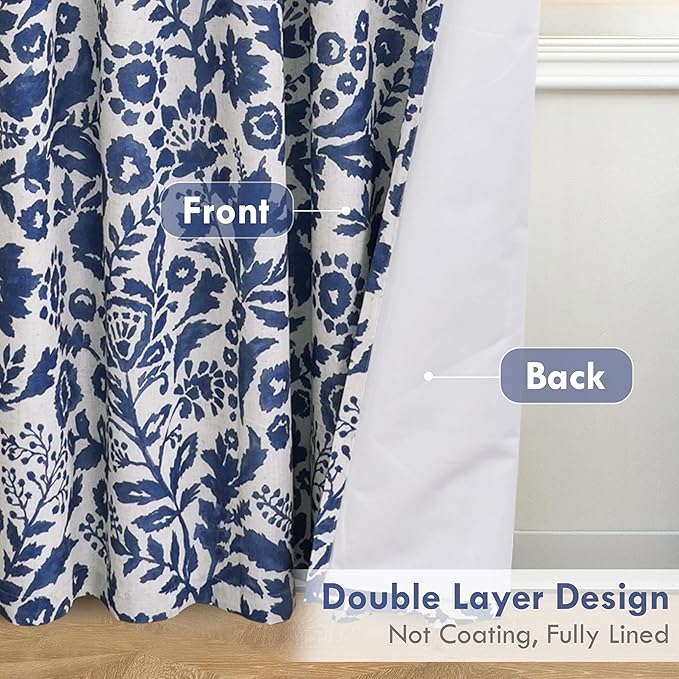 DriftAway Julia Watercolor Blackout Room Darkening Lined Thermal Insulated Energy Saving Window Curtains 2 Layers 2 Panels Each Size 52 Inch by 96 Inch Linen Navy