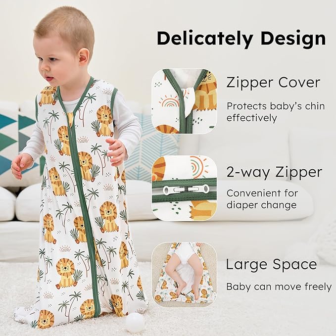 FIEMOL Baby Sleep Sack 12-18 months, 100% Cotton Sleeping Sack for Toddler, 3 Pack Baby Wearable Blanket, 0.5 Tog Lightweight Double Zipper Sleep Bag Large Brown Green Lion