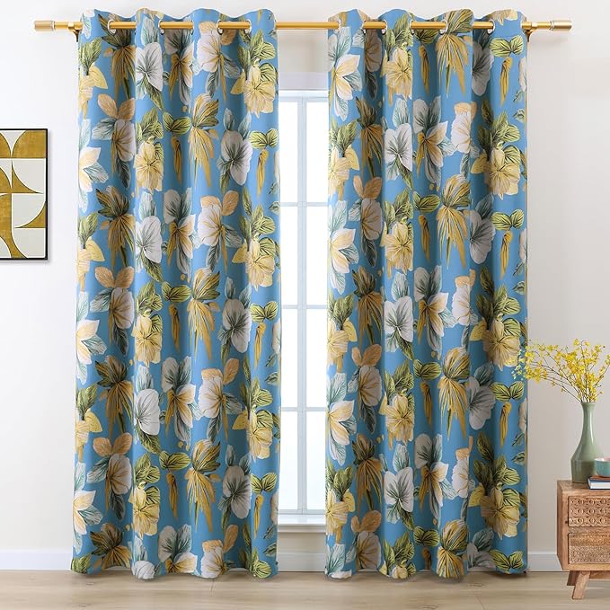 L.Z.E Blue Floral Curtains for Bedroom Light Blue Yellow Vintage Blackout Curtains 84 Inch Long 85% Room Darkening Drapes for Living Room Thermal Grommet Top 2 Panels Set Retro Boho