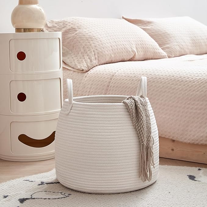 Nursery Laundry Basket | Kids Hamper for Blankets, Pillows,Toys (15"x 13")| Baby Toy Basket | Nursery Storage for Boho Room Decor | Ideal Gift for Baby Showers| White