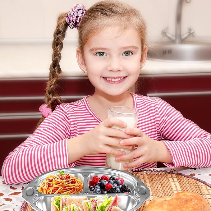 Mrs. Chou® Stainless Steel Kids Plates Suction Plates Divided Baby Plates Toddler Plate, Ideal for Infant Baby-Led Weaning Bowls Non-Toxic Feeding Supplies Dishwasher Safe BPA-Free 100% Food-Grade